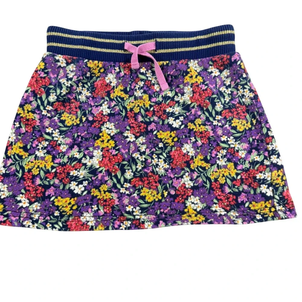 Mini Boden Girls Purple Floral Jersey Skirt Gold Stripe Waist Size 6-7Y G4406